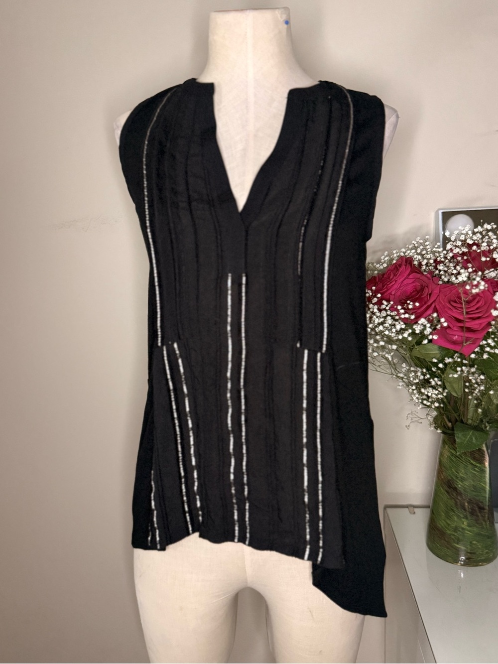 Anthropologie Deletta Black Silver Stripe V Neck Tunic Top XS